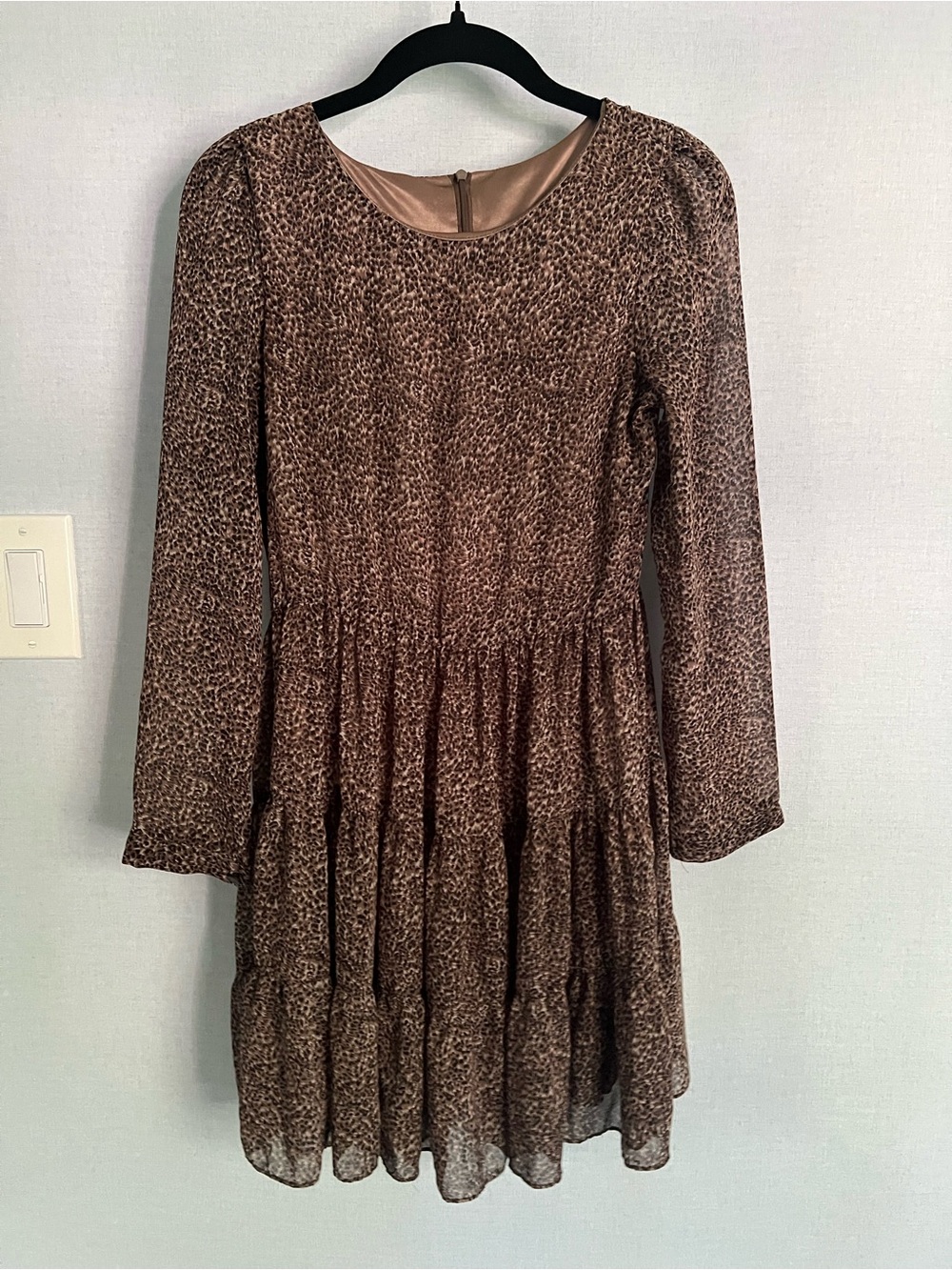 Brown Leopard Print Long Sleeve Tiered Dress